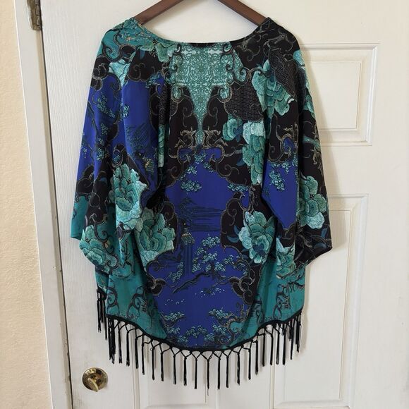 Chicos Open Wrap Top Asian Inspired Art to Wear SZ 1 Boho Blue Colorful Glam 90s - Picture 7 of 13